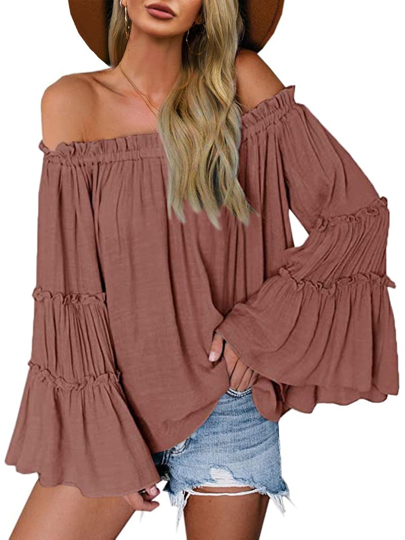 Farktop Womens Off The Shoulder Long Bell Sleeve Tops Flared Casual Loose Blouse (Z Brick red, XX-Large) - Image 1